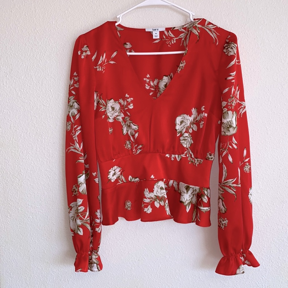 Bar III Red Floral Print Silky V-Neck Blouse